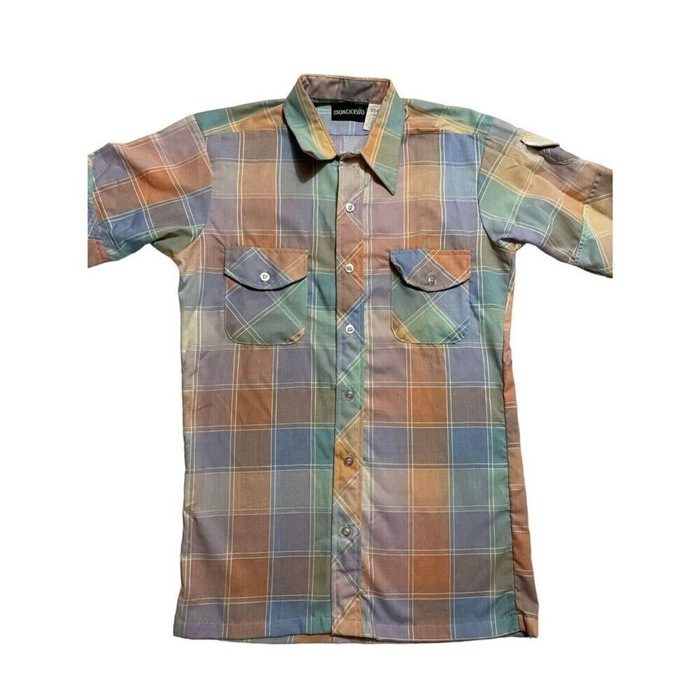 Vintage 80s Shirt Monticello Men’s Small 14-14.5 Top Pastel Plaid Color Easter